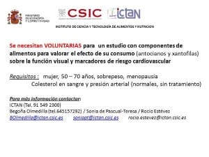 Anuncio reclutamiento voluntarias para estudio con antocianos y xantofilas
